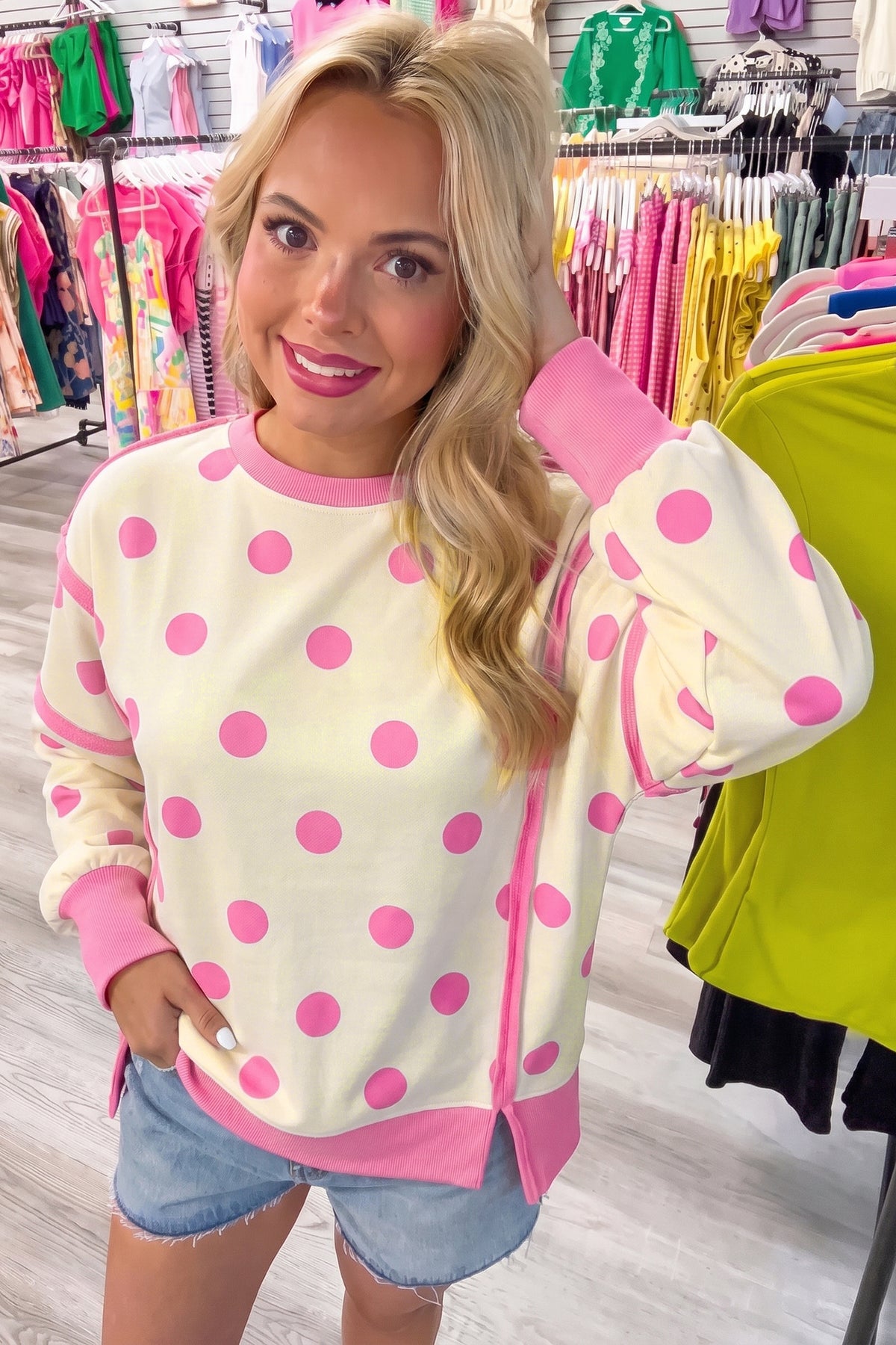 White Polka Dot Contrast Patchwork Round Neck Sweatshirt