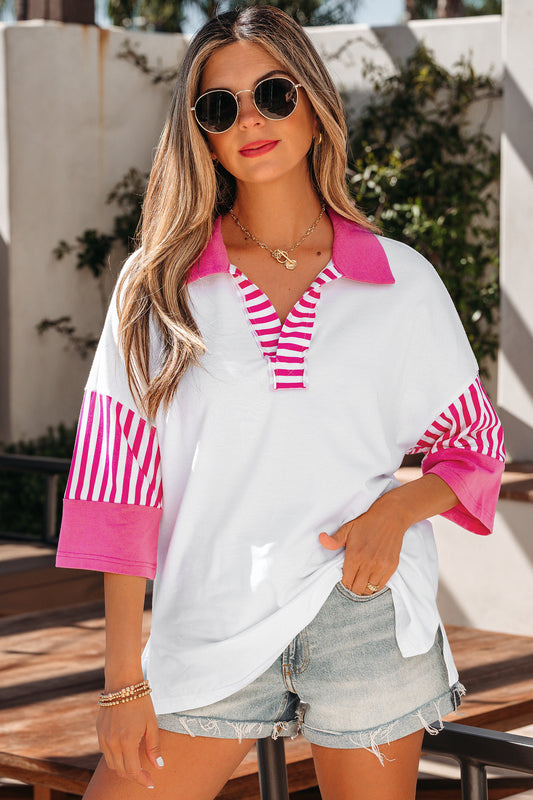 White Striped Color Block Patchwork Polo Collar Half Sleeve T Shirt