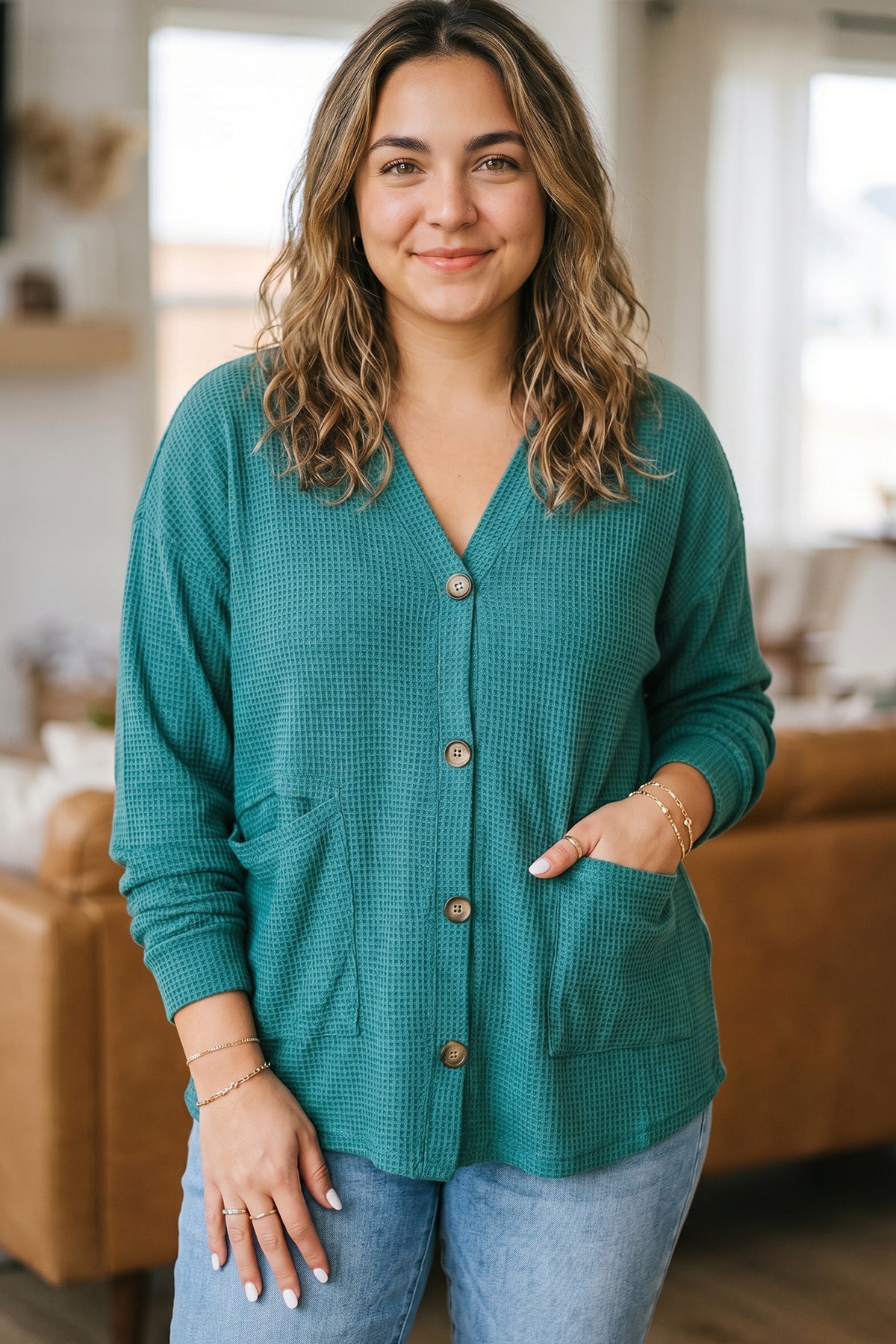 Lapis V-Neck Waffle Textured Button Front Tunic Long-Sleeve Plus Size Cardigan