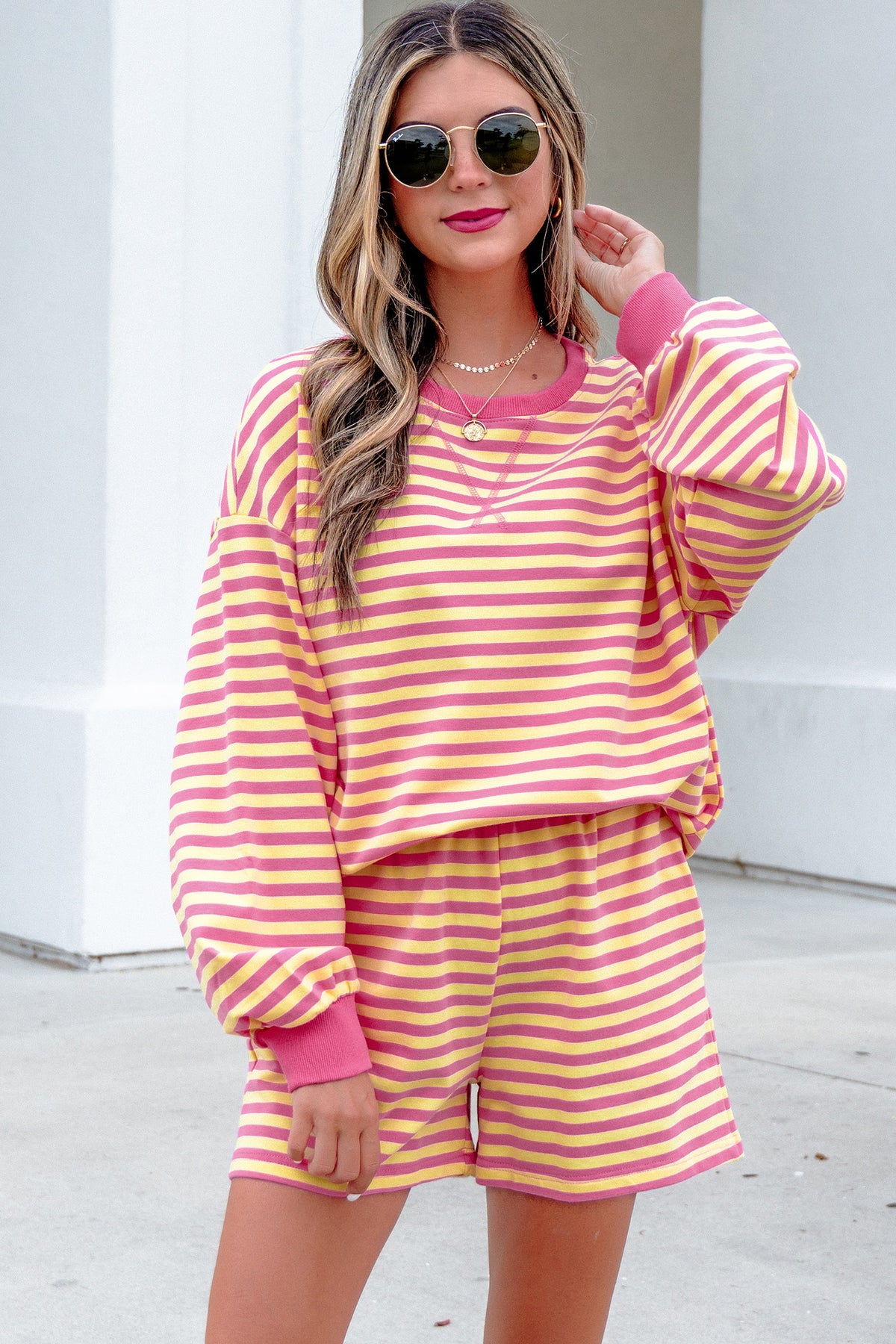 Women's Yellow Stripe Color Block Trim Round Neck Long-Sleeve Top Casual Shorts Two-Piece Set