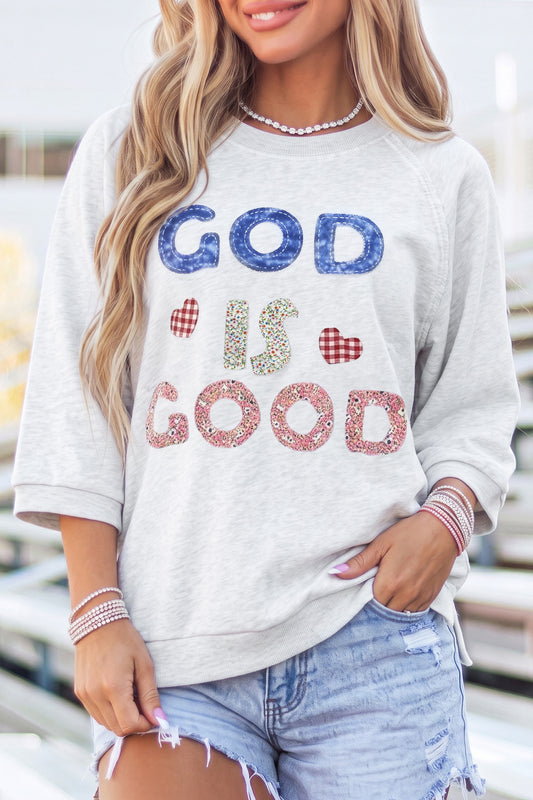 Light Grey GOD IS GOOD Applique 3/4 Sleeve Tunic Top