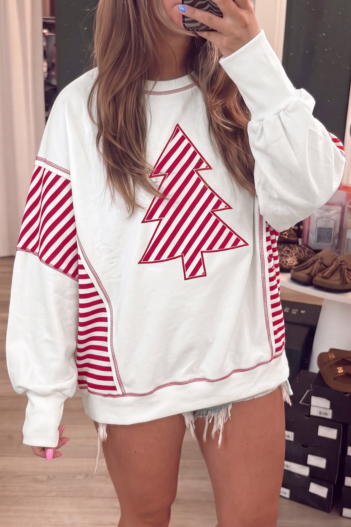 White Striped Contrast Christmas Tree Puff Sleeve Top