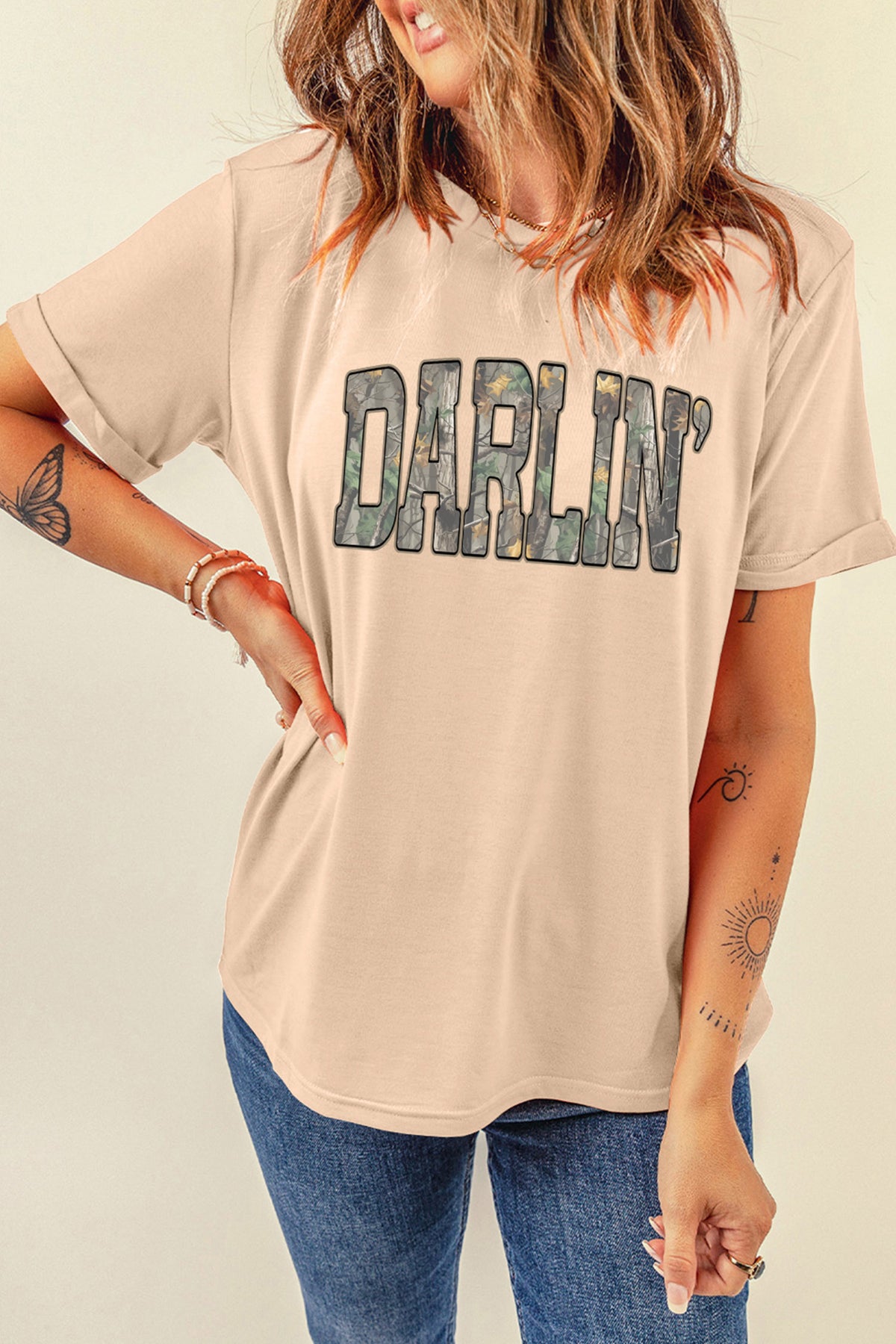 Khaki DARLIN Camo Letter Print Crewneck T-Shirt