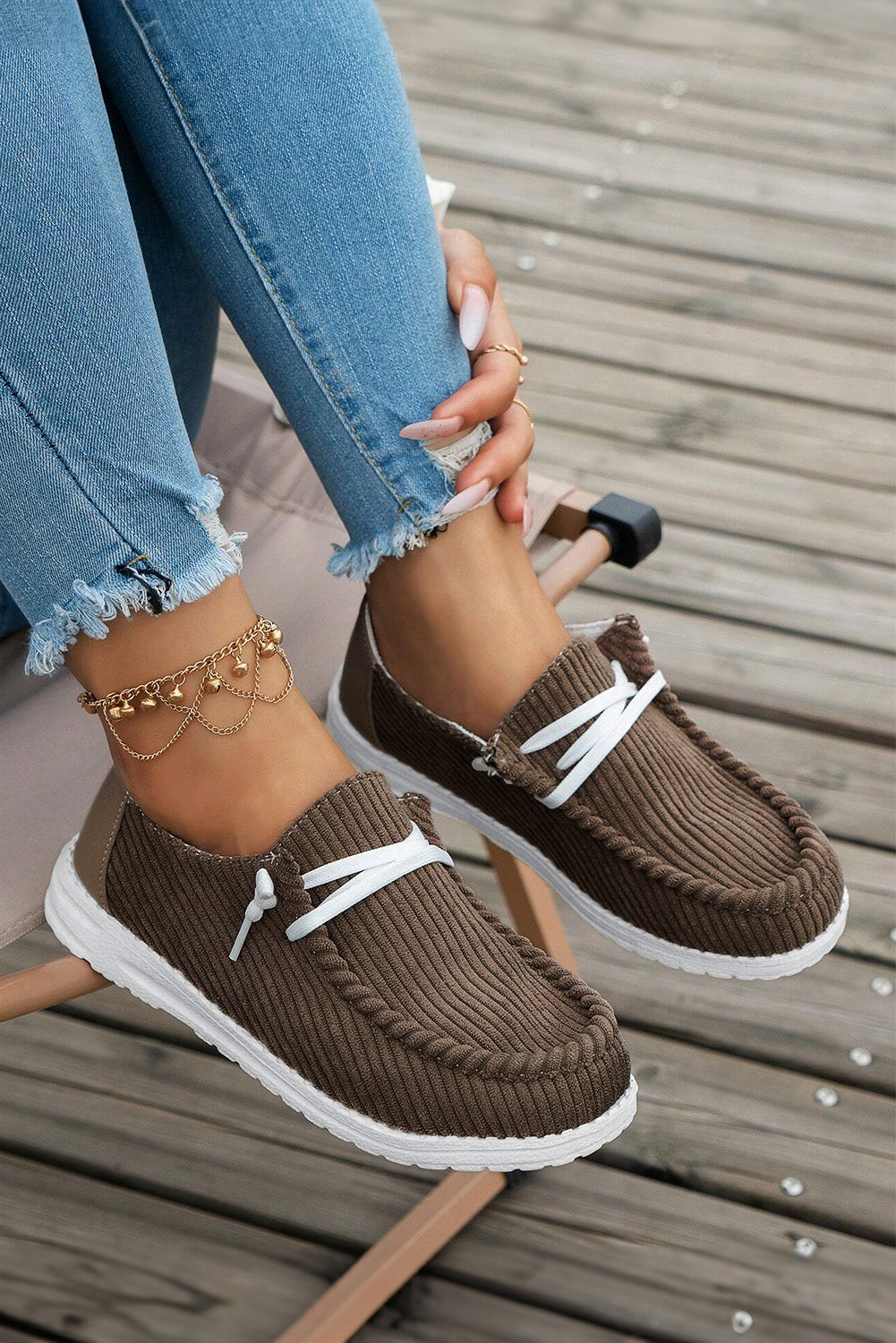 Coffee Solid Ribbed Criss Cross Slip-On Casual Shoes