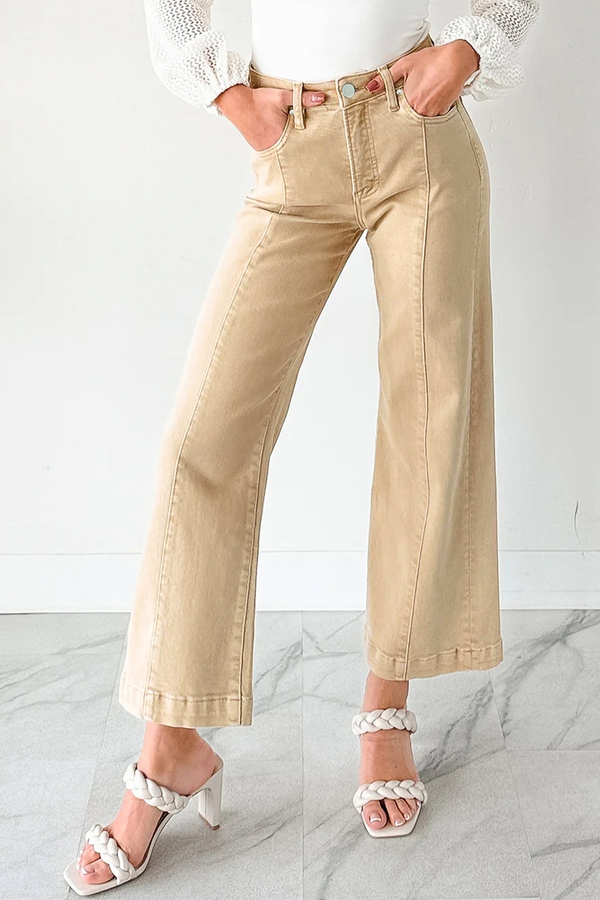 Apricot Solid Seamed Center Wide Leg Cropped Jeans