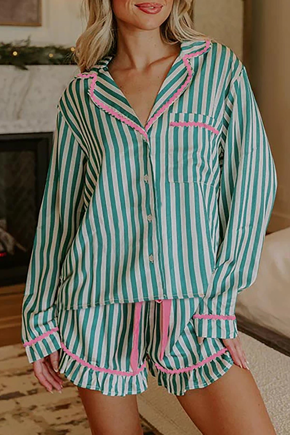 Green Stripe Ricrac Trim Long Sleeve Shirt and Ruffled Shorts Pajama Set