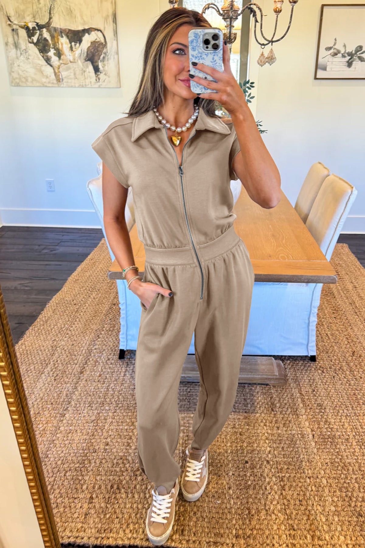 Dark Khaki Solid Zip Front Short Sleeve Collared Jumpsuit