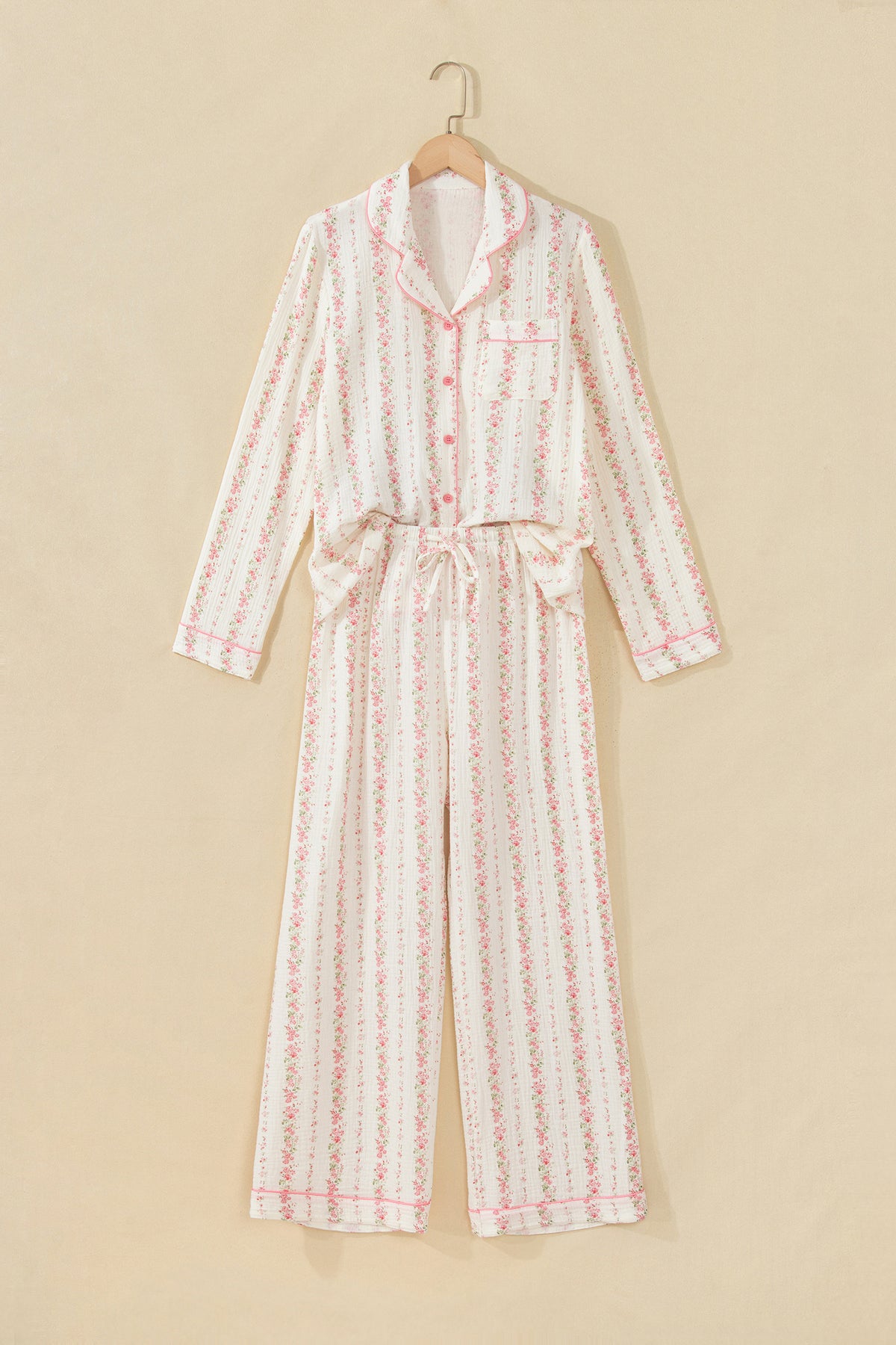 Pink Floral Print Long Sleeve Button Front Shirt Pajama Pants Set