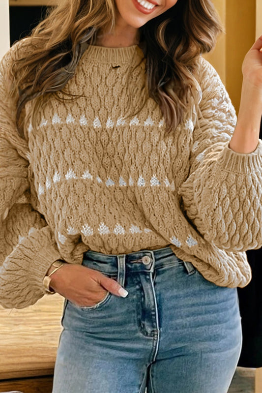 Pale Khaki Contrast Detail Textured Knit Puff Sleeve Baggy Sweater
