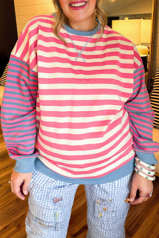 Pink Stripe Colorblock Striped Crewneck Shift Tunic Plus Size Sweatshirt