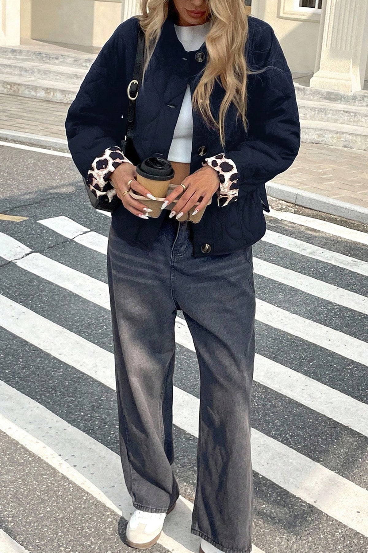 Black Quilted Leopard Cuff Button Down Puffer Jacket