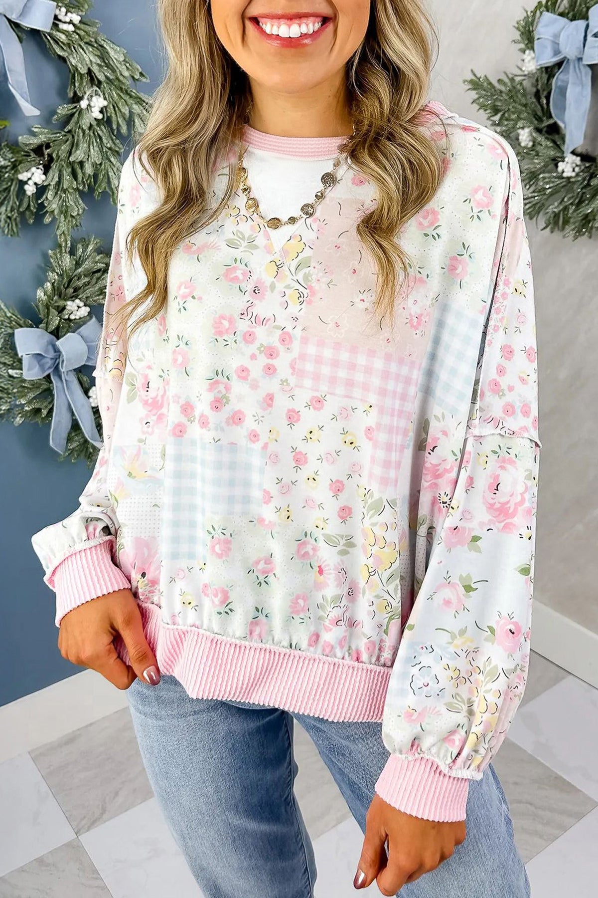 Pink Twisted Ribbed Trim Floral Print Patchwork Top