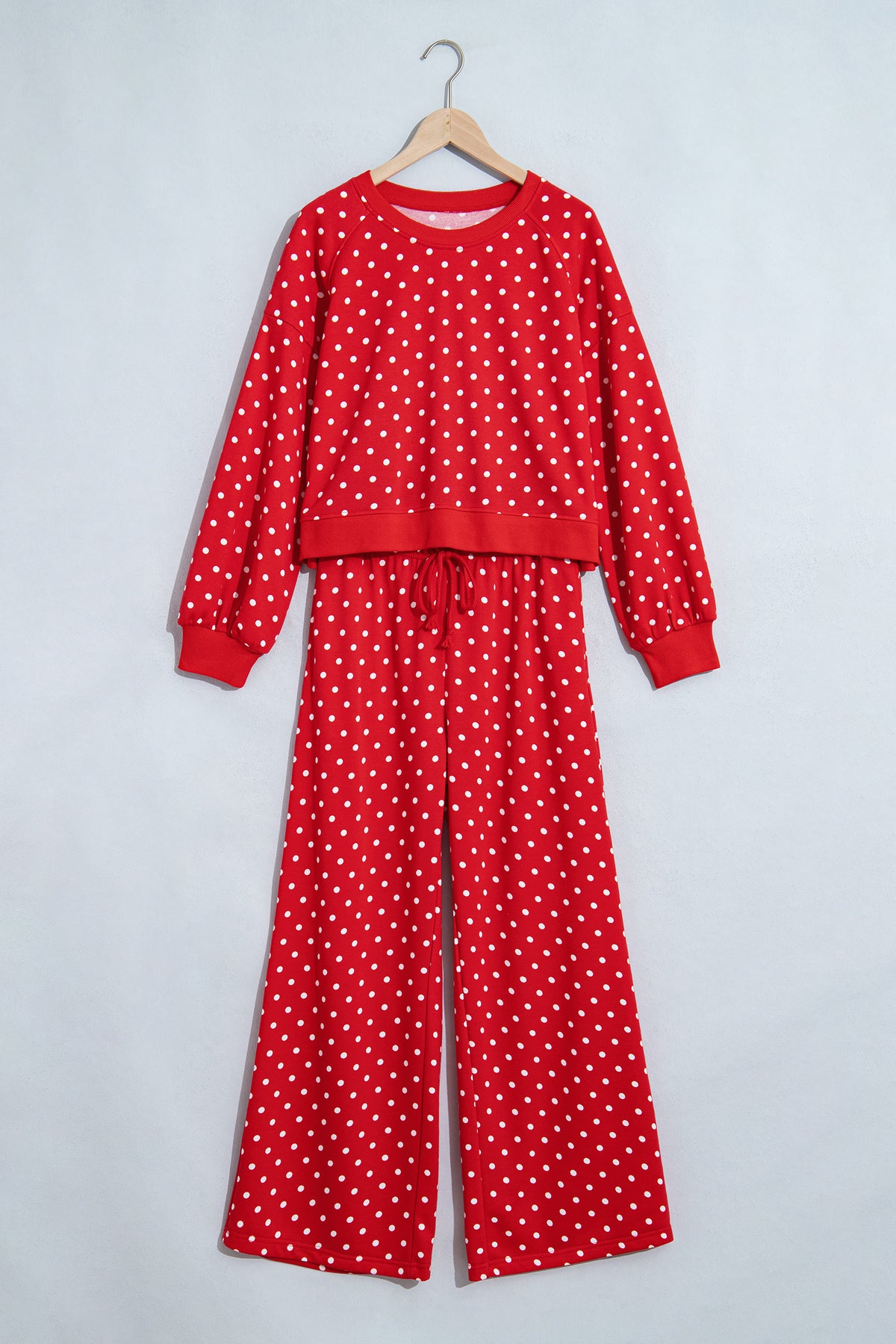 Women's Red Polka Dot Drawstring Wide-Leg Long-Sleeve Top Pants Set