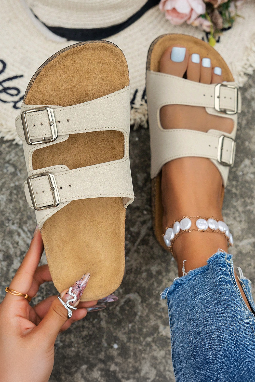 White Cut Out Buckle PU Leather Flat Sandals