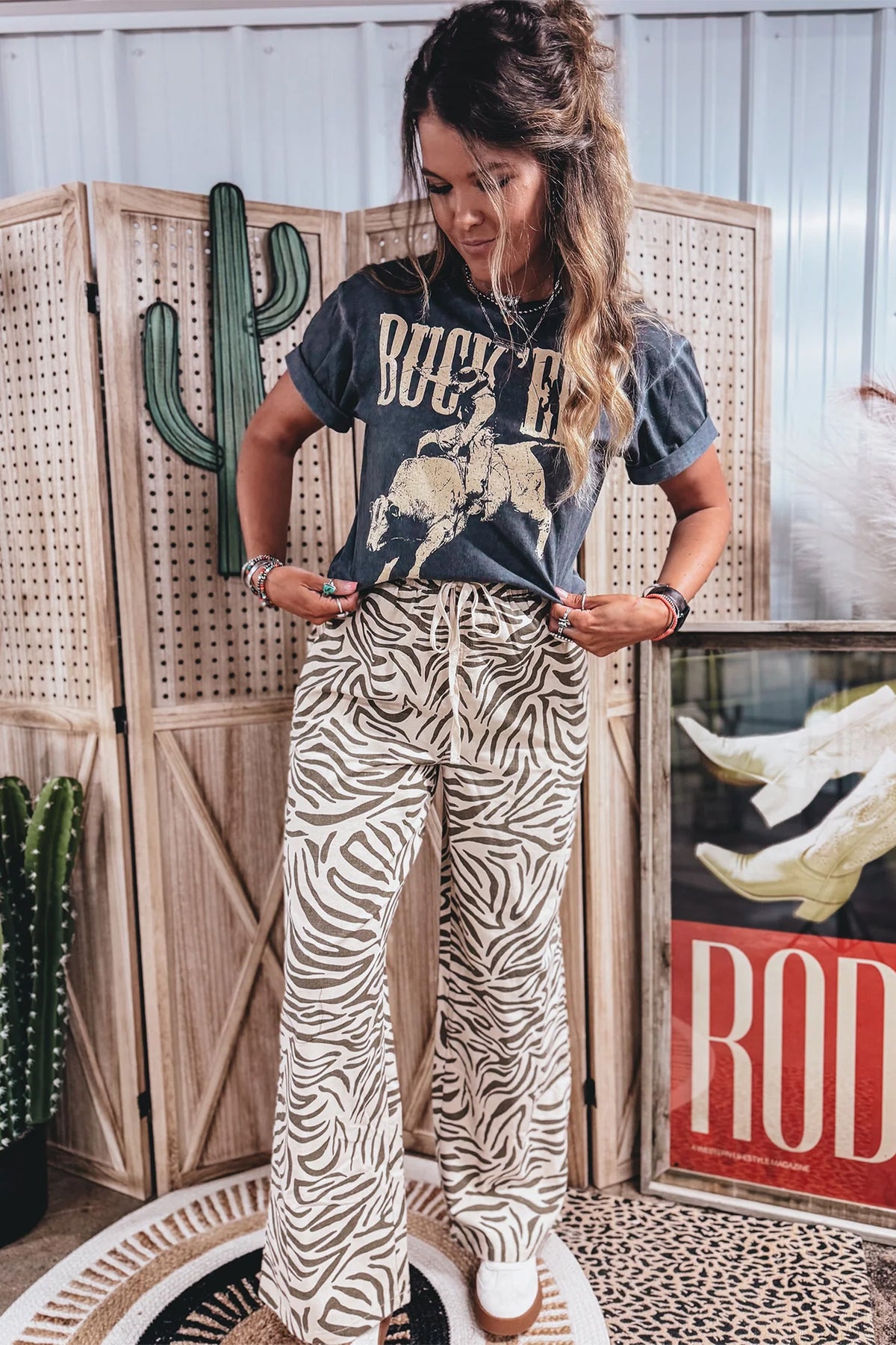 Multicolour Western Print Zebra Pattern Elastic Waist Pocket Pants