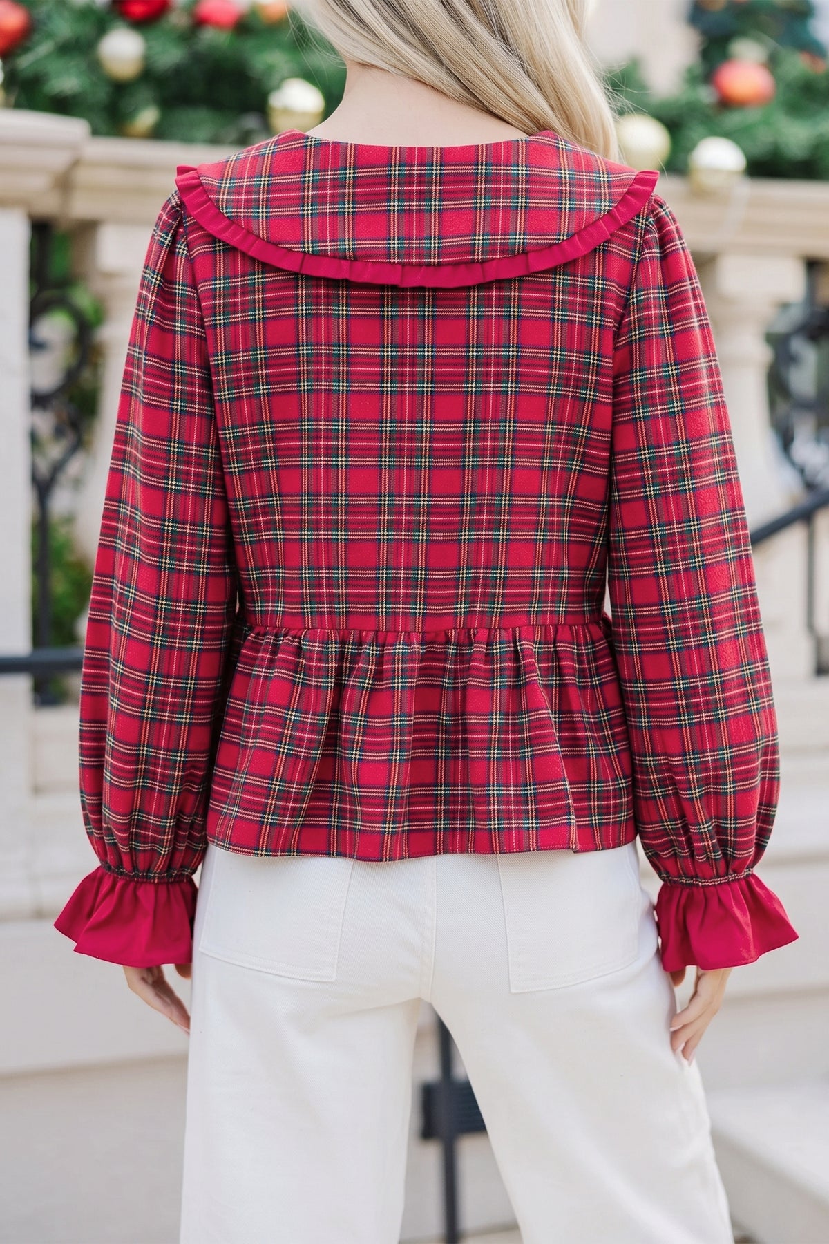 Red Plaid Tie Neck Ruffle Cuffs Shift Blouse