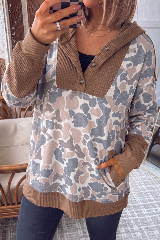 Khaki Camouflage Print Waffled Patchwork Hoodie