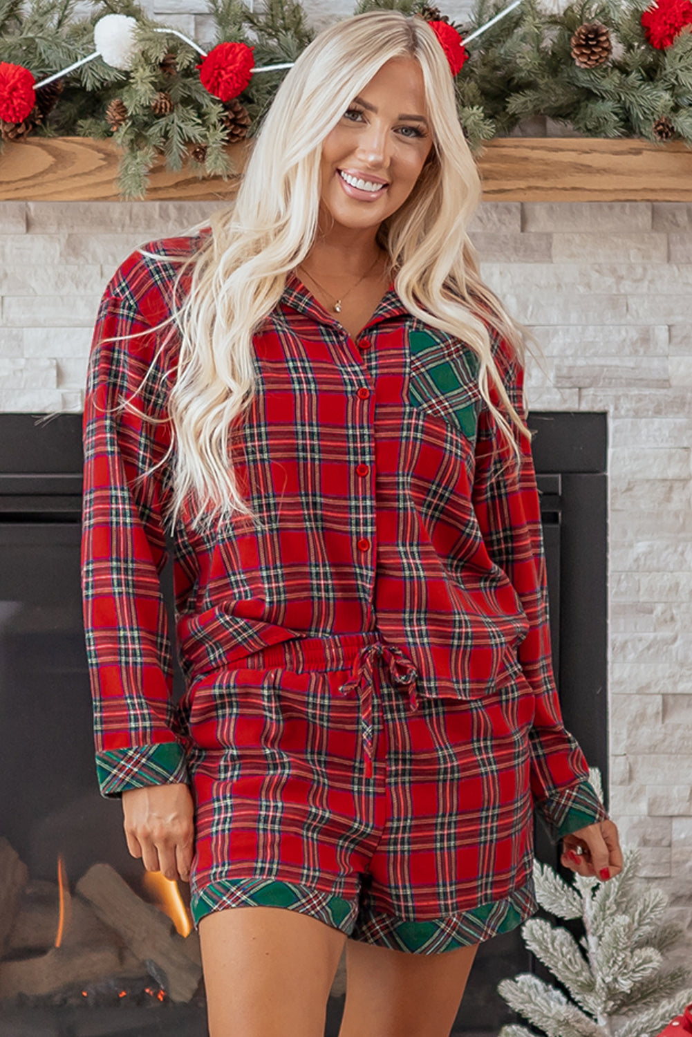 Red Plaid Patched Christmas Long Sleeve Shirt and Shorts Pajama Set
