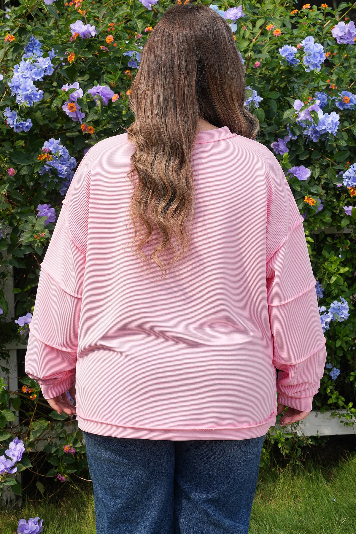 Pink Drop-Shoulder Long-Sleeve Plus Size Ribbed Top