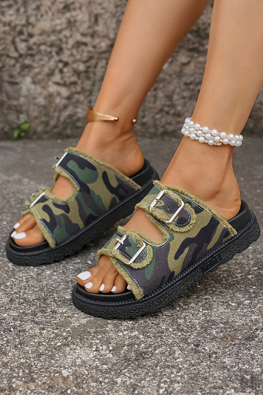 Guacamole Green Denim Camouflage Frayed Trim Hollow Out Slippers