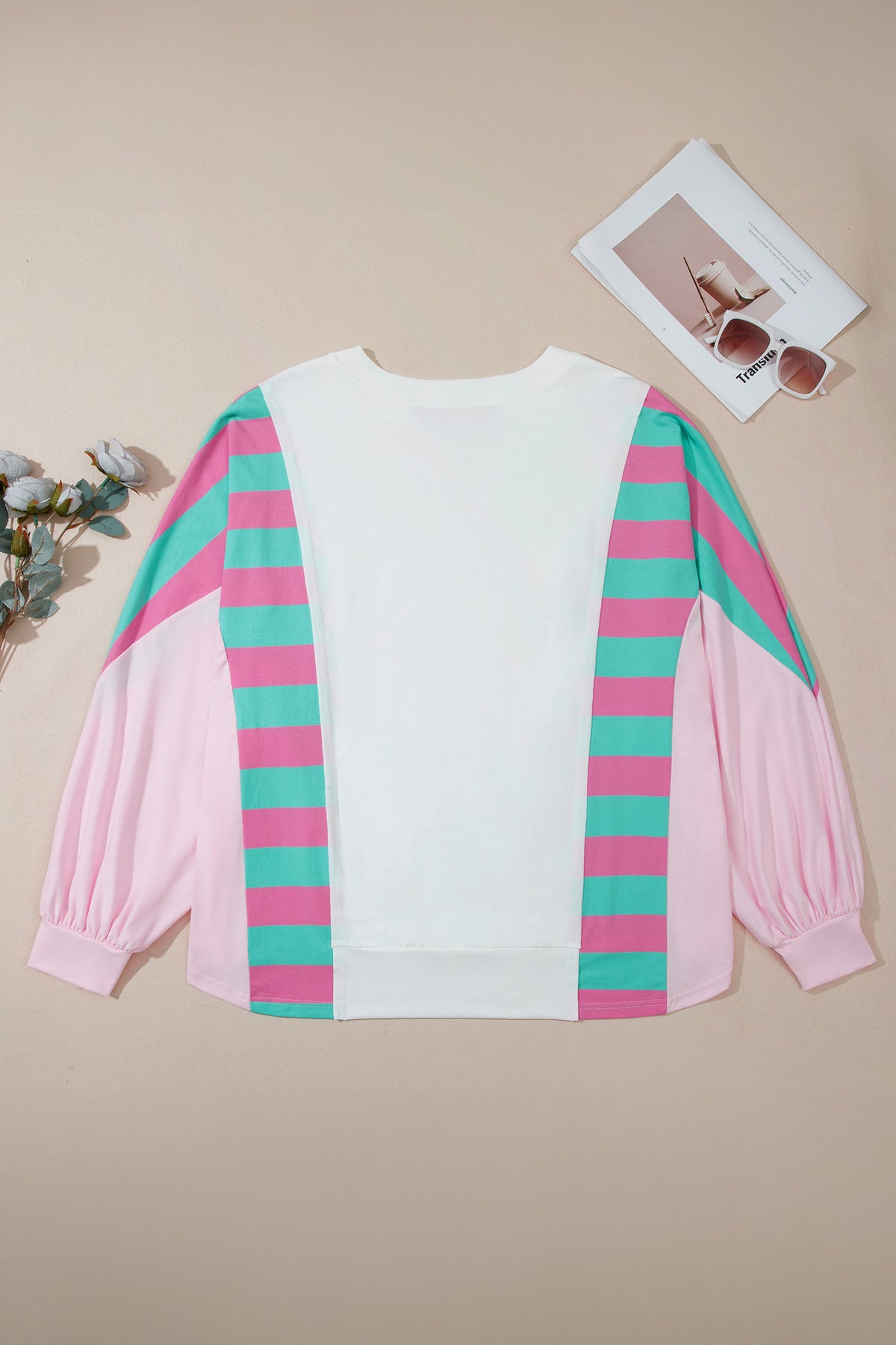 White Striped Color-Block V-Neck Shift Long-Sleeve Plus Size Blouse
