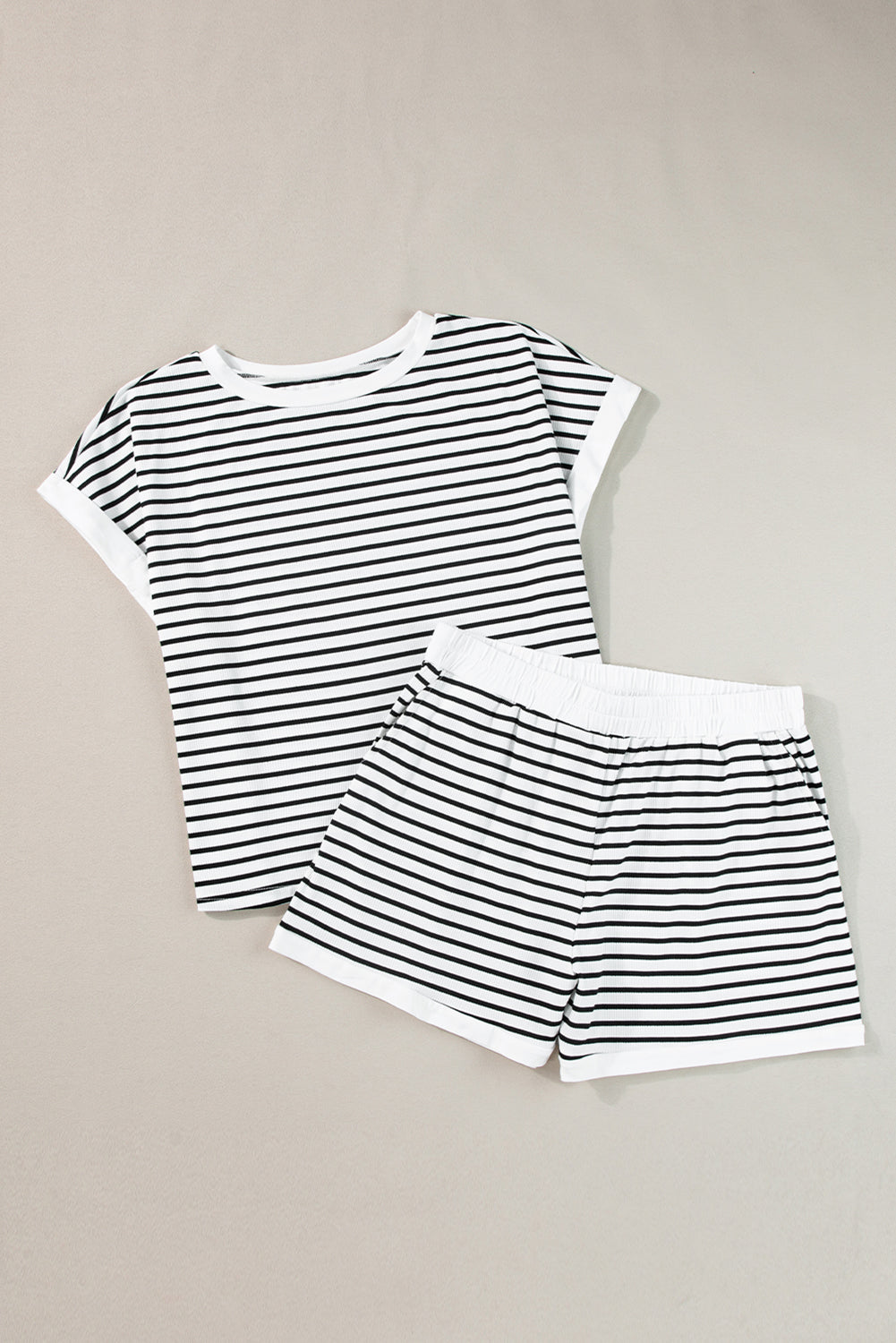 Women's White Stripe Contrast Edge Tee and Shorts Set