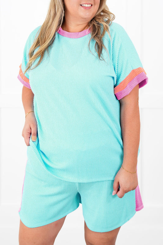 Light Blue Plus Size Color-Block Corded Knit Tee and Shorts Set