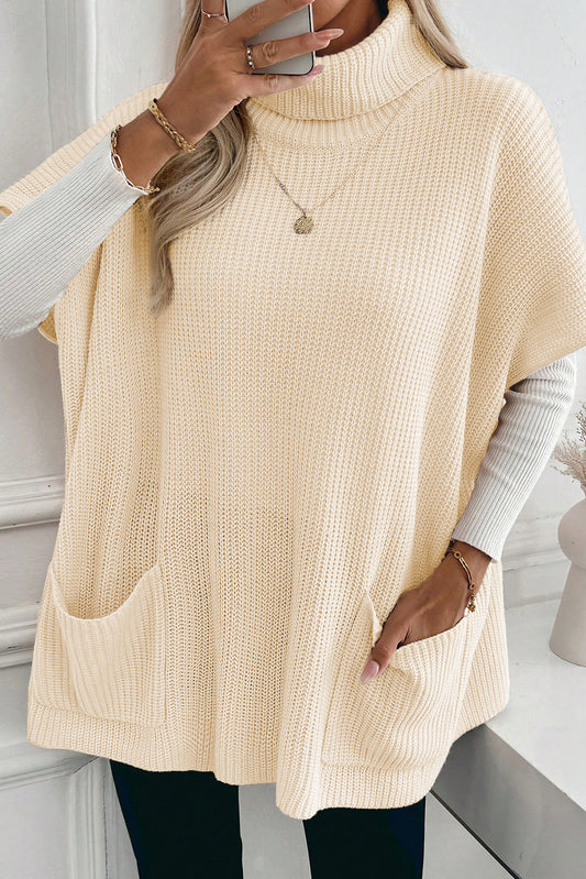 Jet Stream Plain Knit Turtleneck Short Sleeve Tunic Sweater with Pockets