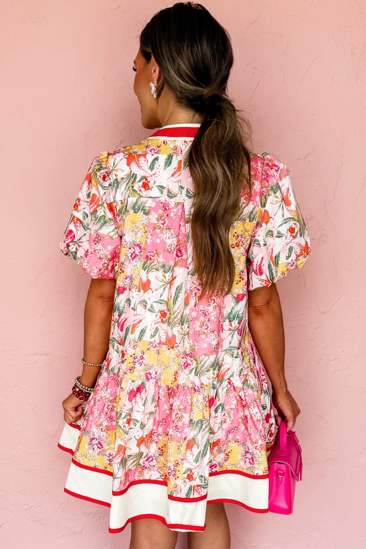 Pink Floral Ruffle V-Neck Mini Dress