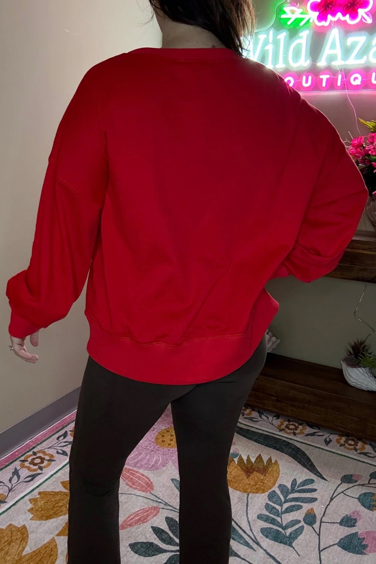 Fiery Red Christmas Embroidered Long Sleeve Loose Fit Sweatshirt