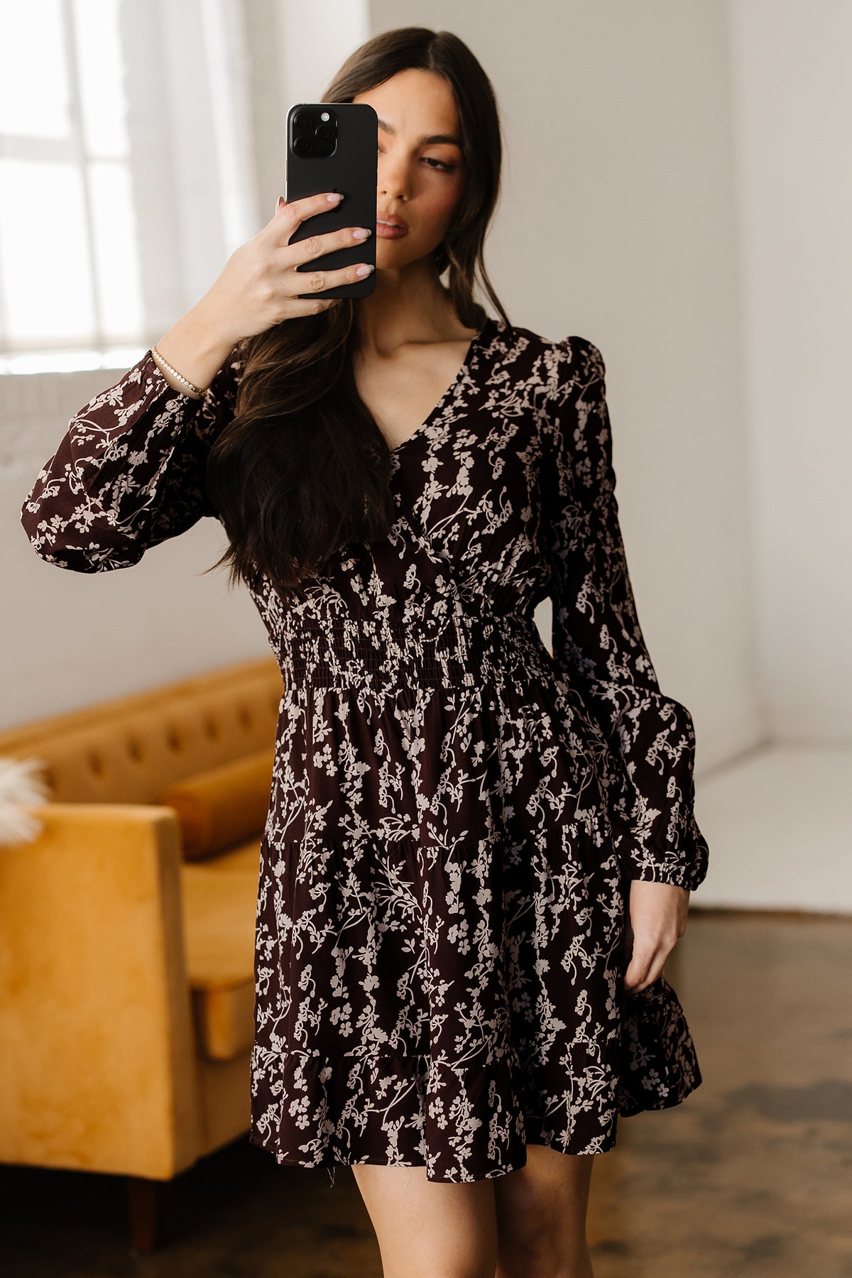 Brown Ditsy Floral Split Neck Shirred Waist Flared Mini Dress