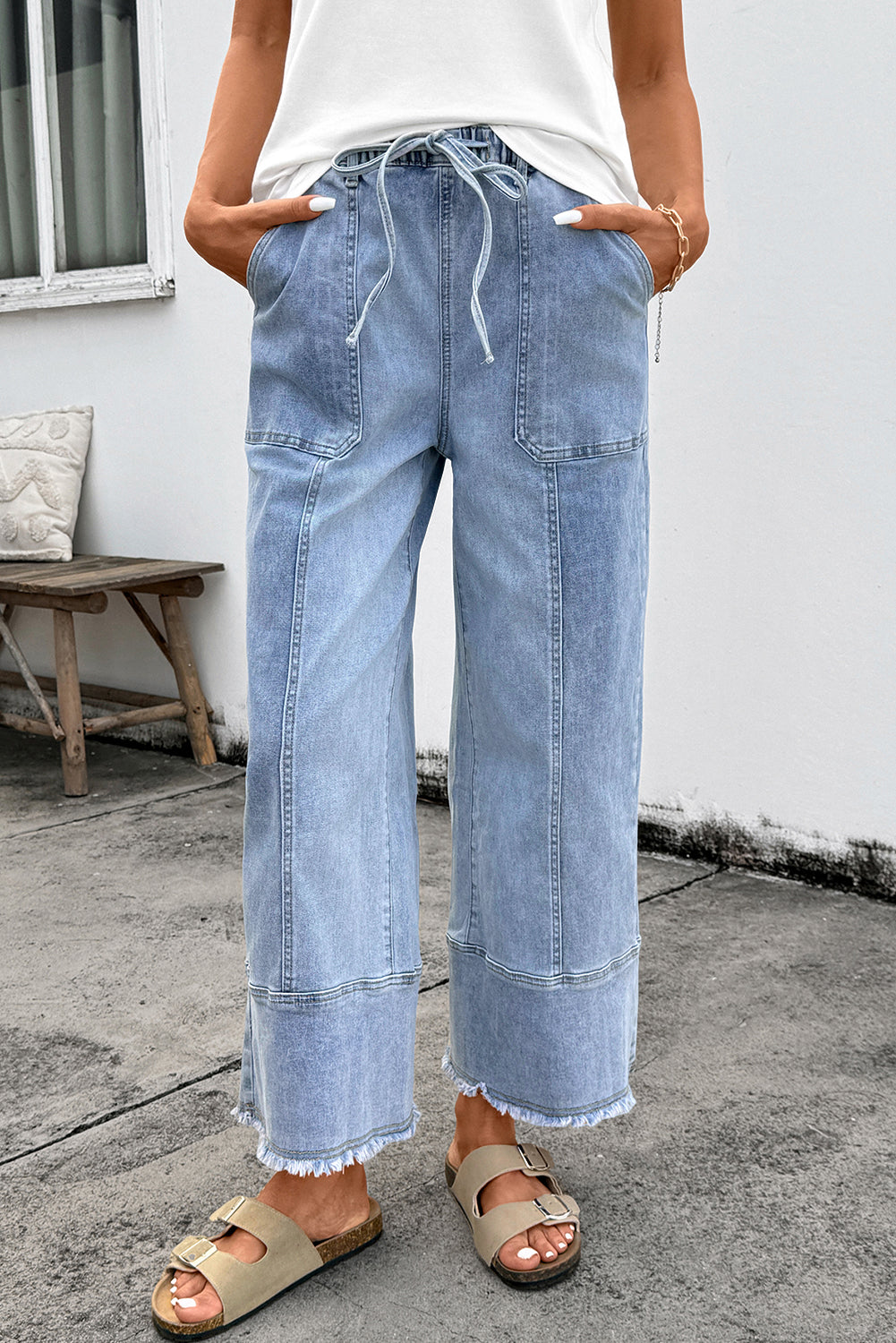 Prussian Blue Drawstring Seam Raw Hem Wide Leg Denim Pants