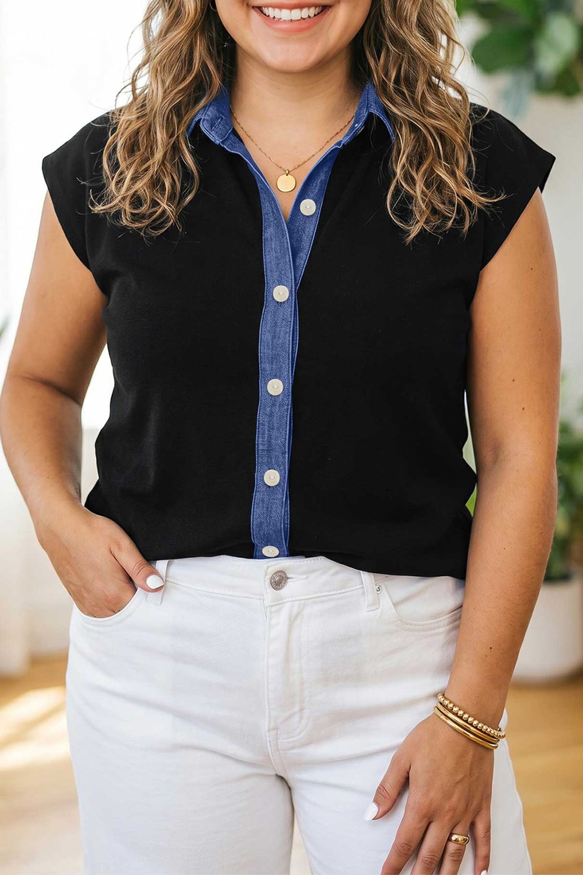 Black Plus Size Sleeveless Patchwork Color-Block V-Neck Tunic Top Cardigan
