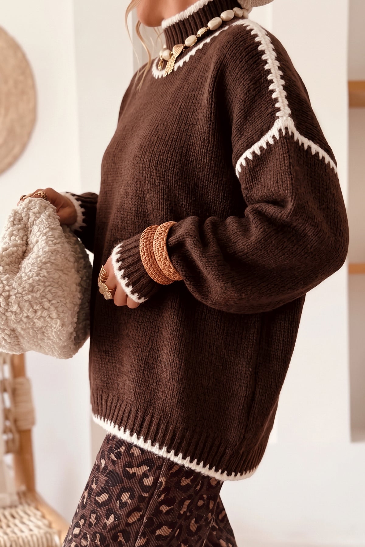 Coffee Contrast Trim Mock Neck Drop Shoulder Sweater