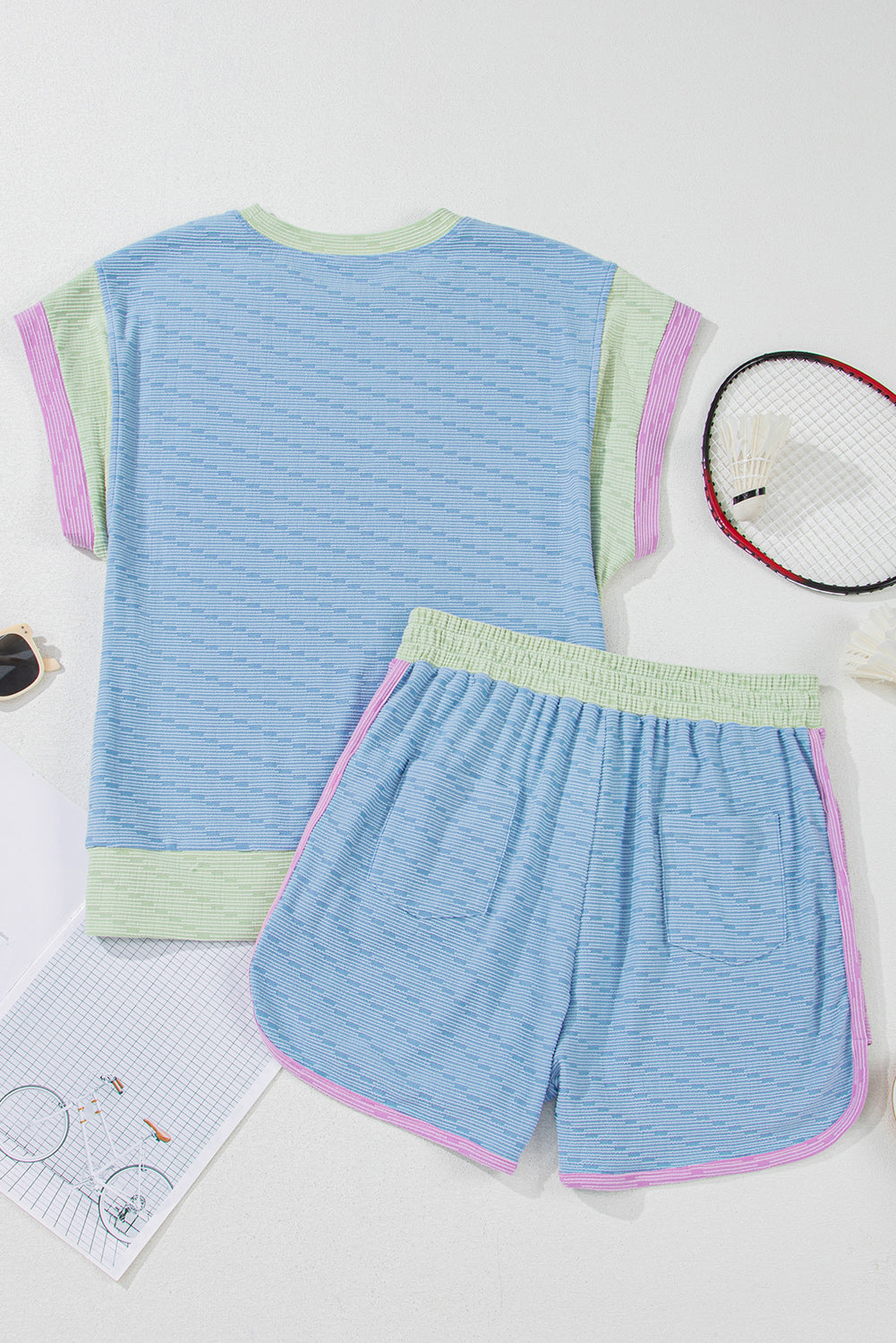 Women's Beau Blue Corded Knit Contrast Trim Round Neck Cap Sleeve Two-Piece Shorts Two-Piece Se