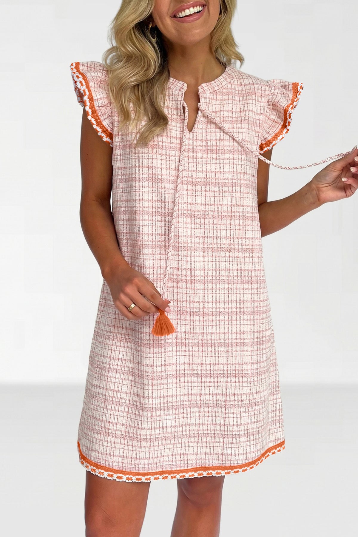 White Jacquard Textured Short Sleeve Tassel Tie Shift Dress