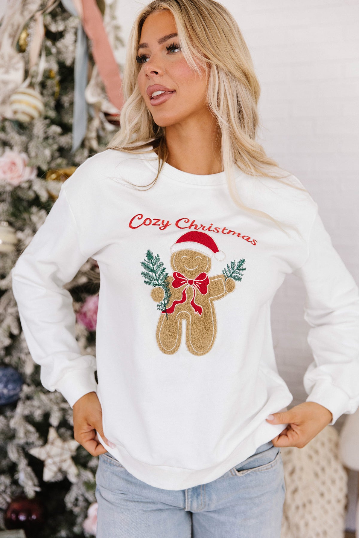 White Embroidered Gingerbread Christmas Long Sleeve Sweatshirt