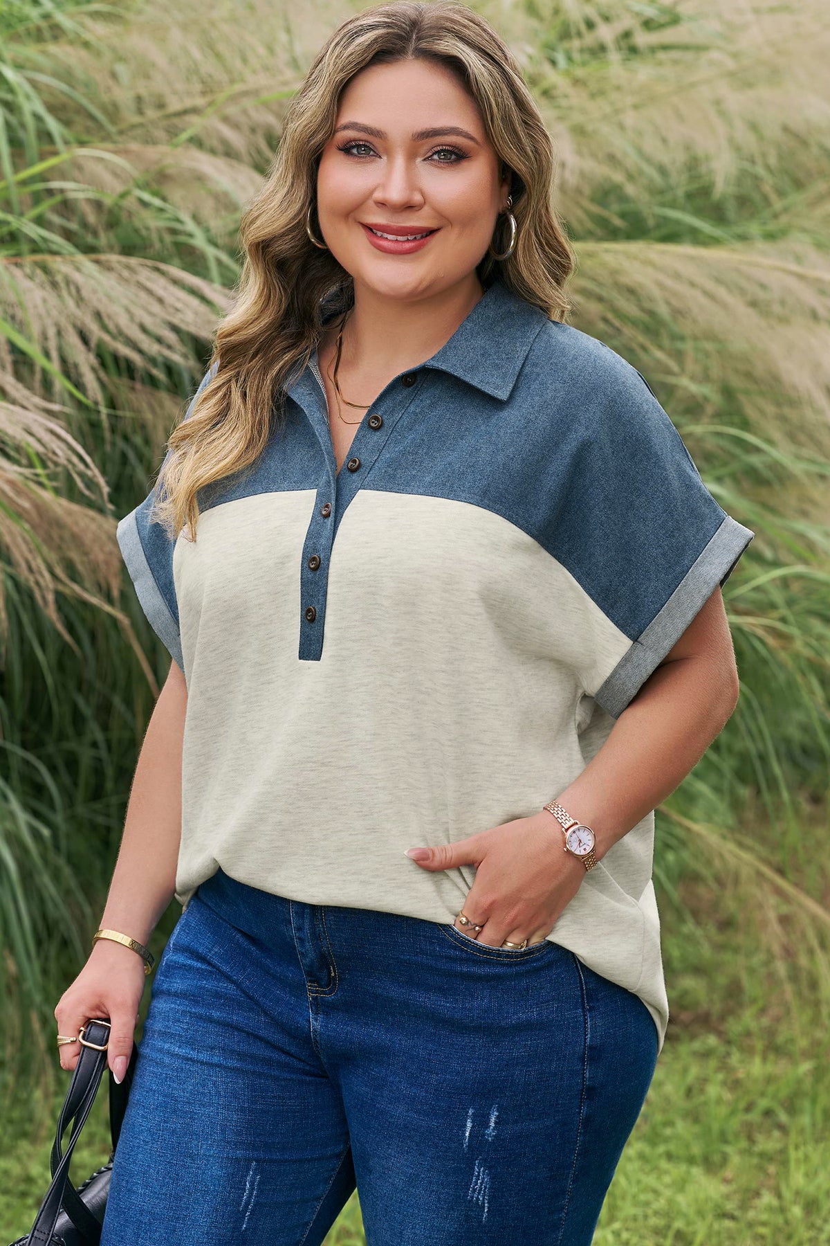 Light Grey Half Buttons Collared Denim Patchwork Plus Short-Sleeve Top