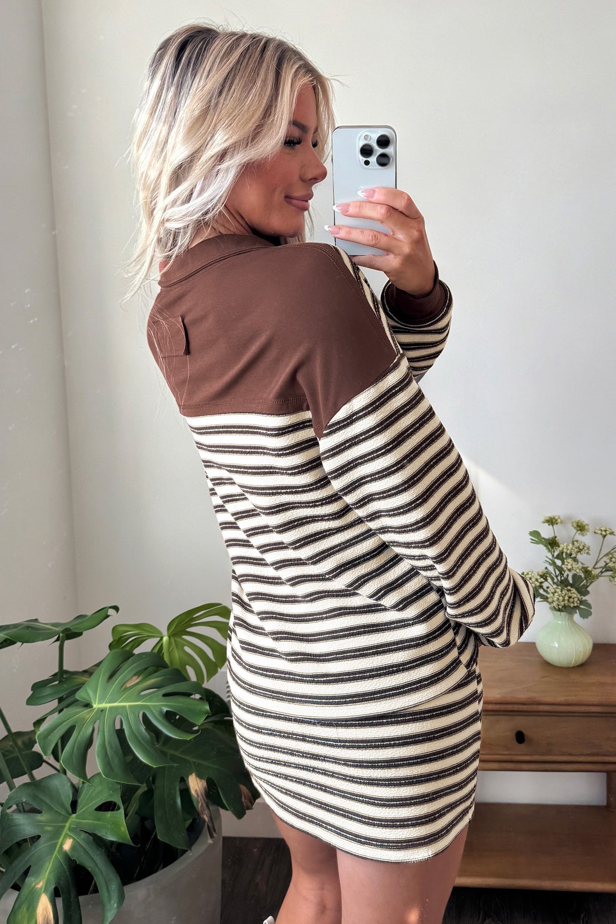 Women's Brown Stripe Contrast Trim Button Neck Long-Sleeve Top Drawstring Mini Skirt Set
