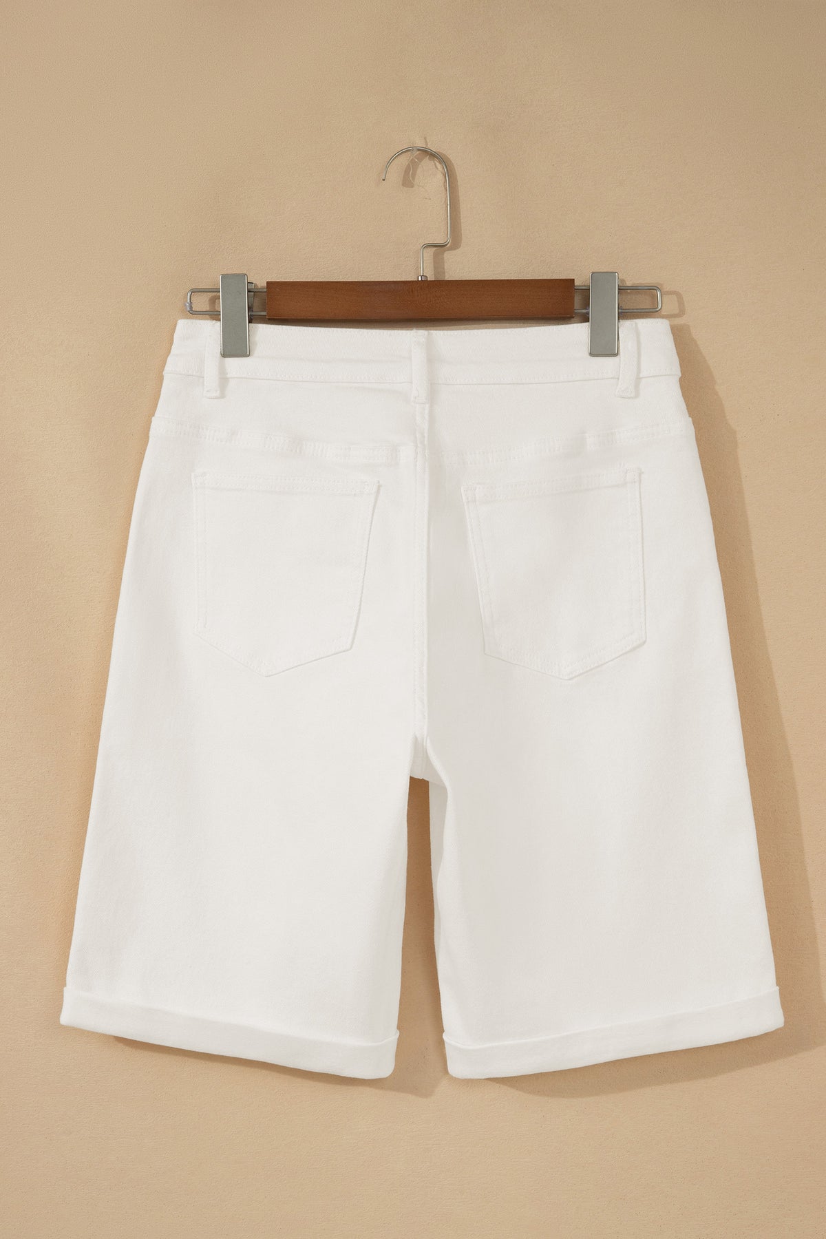 White Solid Rolled Cuffs Denim Bermuda Shorts