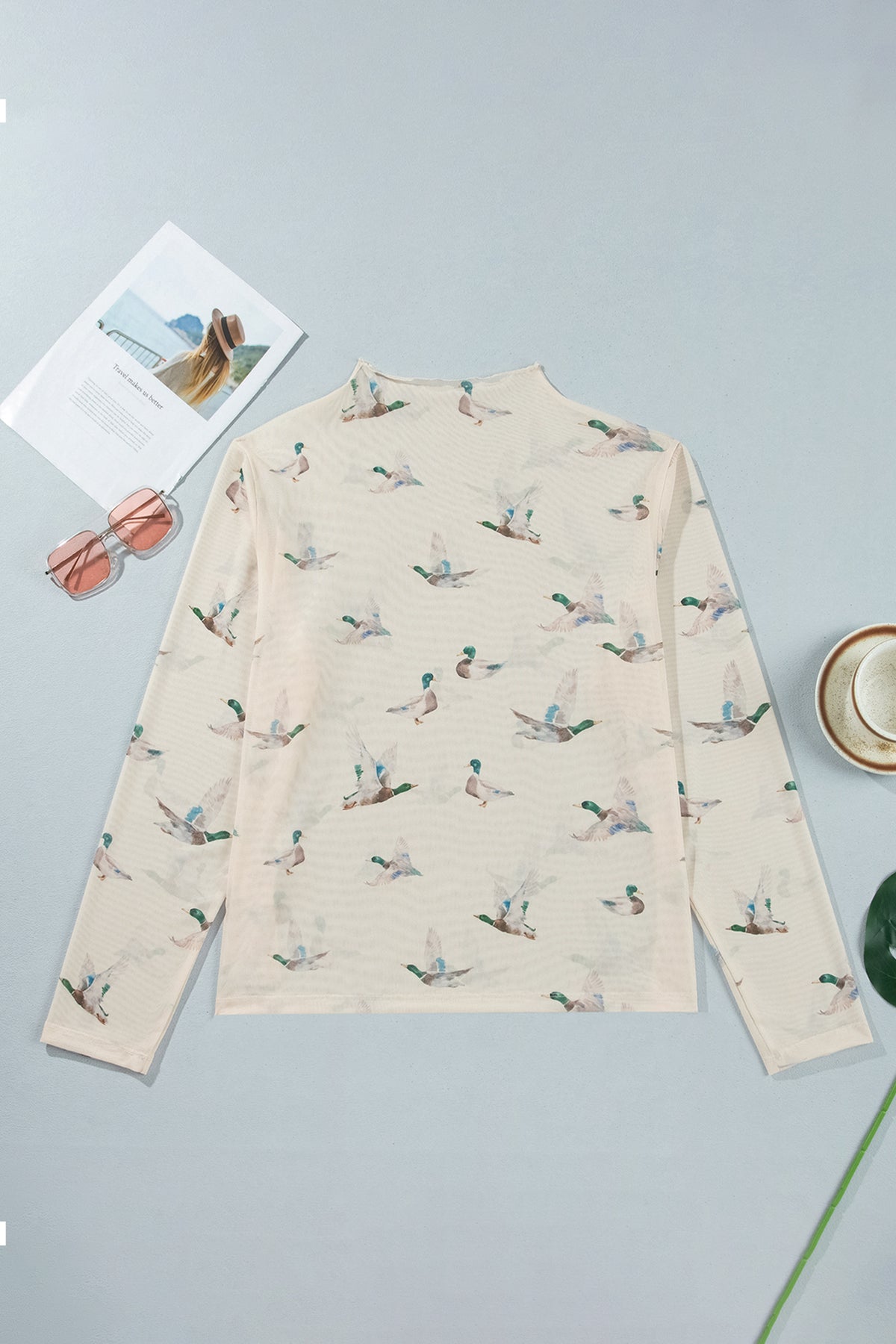 Beige Mesh Duck Print Tunic Long-Sleeve Plus Size Blouse