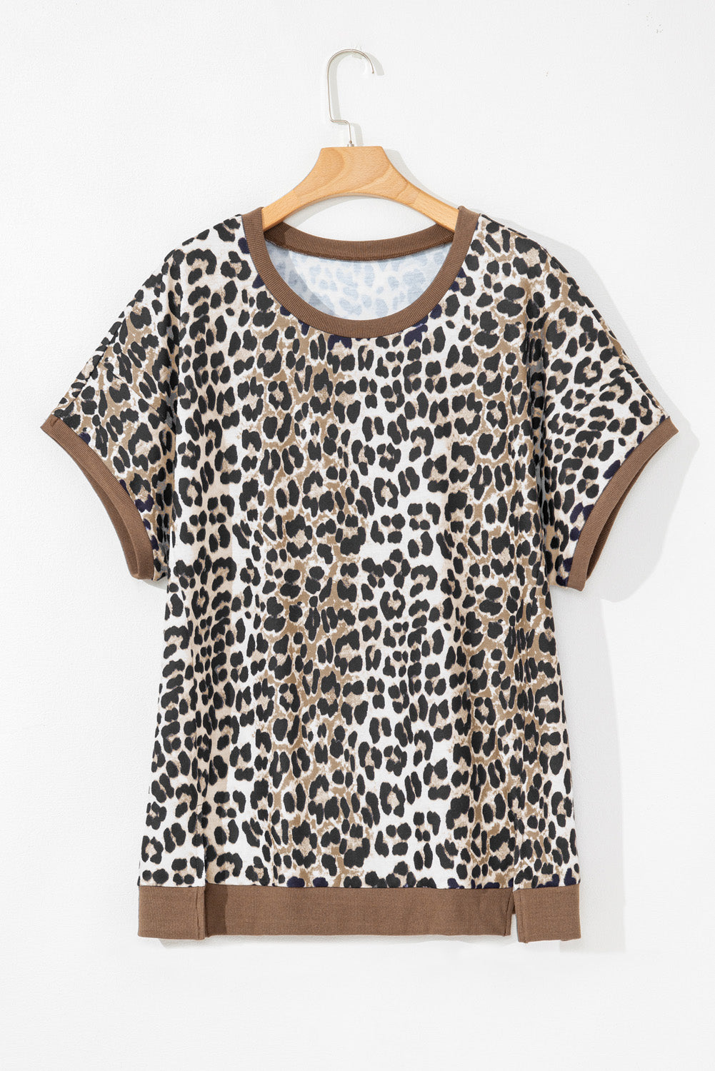 Khaki Leopard Contrast Trim Short-Sleeve Loose Plus Size Top