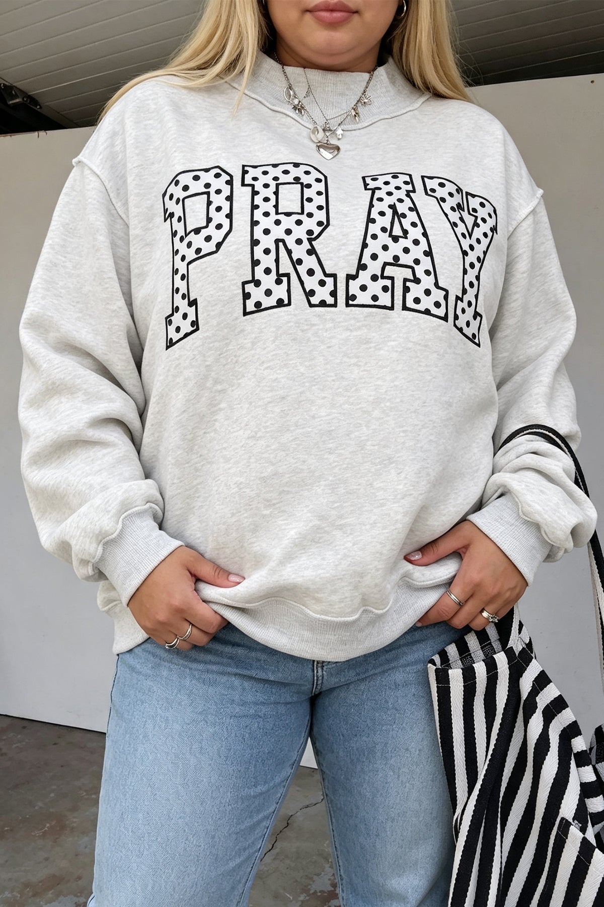 Gray PRAY Polka Dot Letter Print Mock Neck Plus Sweatshirt