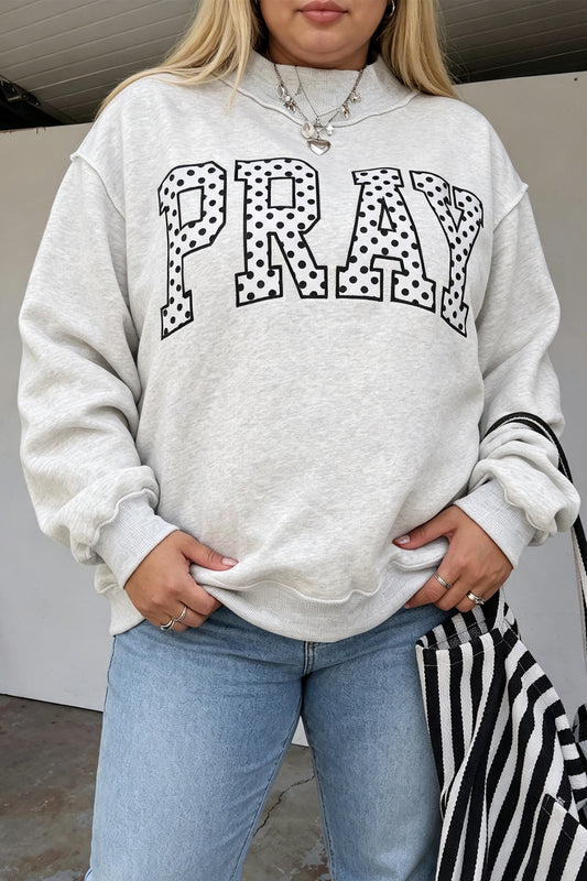 Gray PRAY Polka Dot Letter Print Mock Neck Plus Sweatshirt