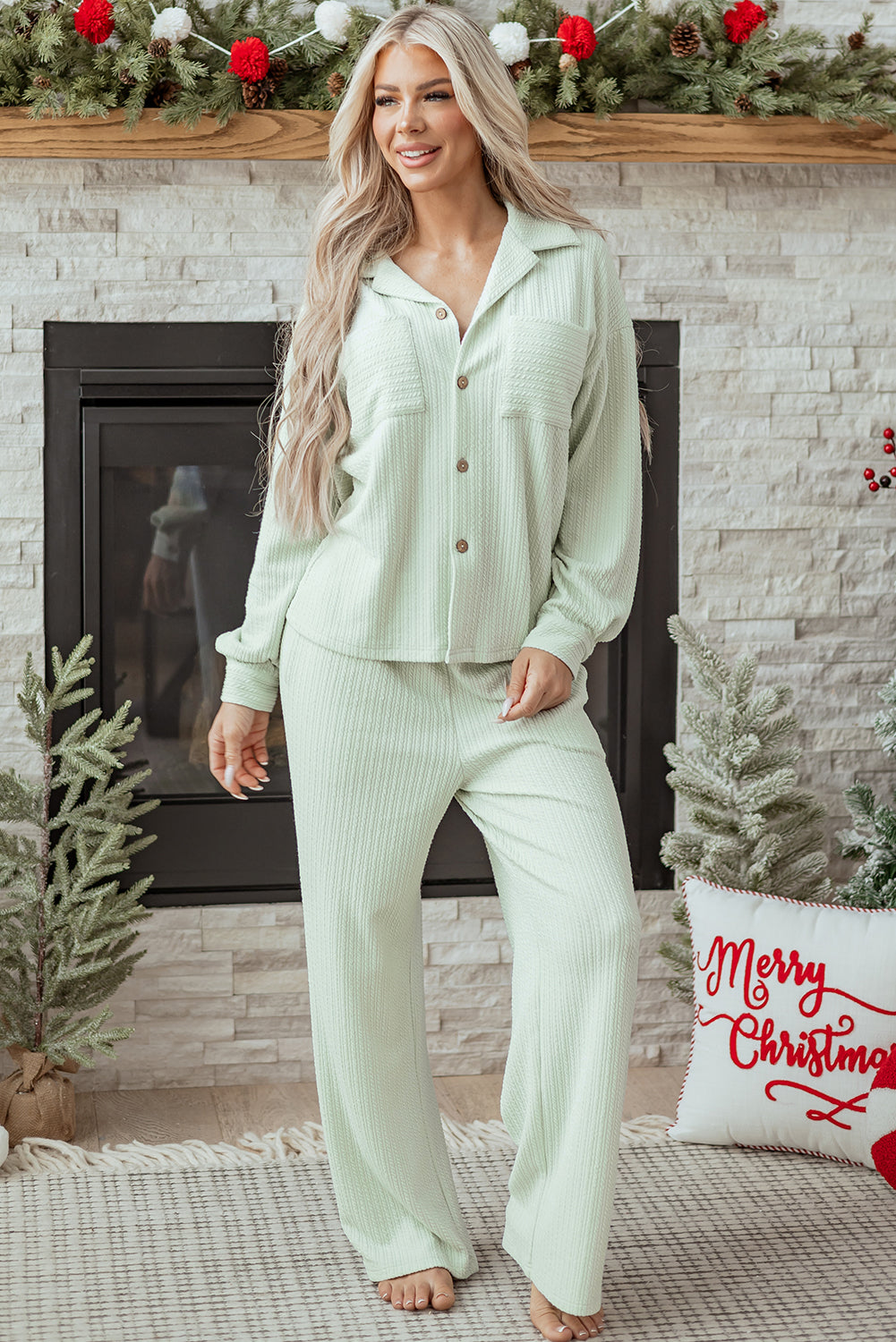 Women's Clearly Aqua Textured Patched Chest Pocket Shirt and Pants Set