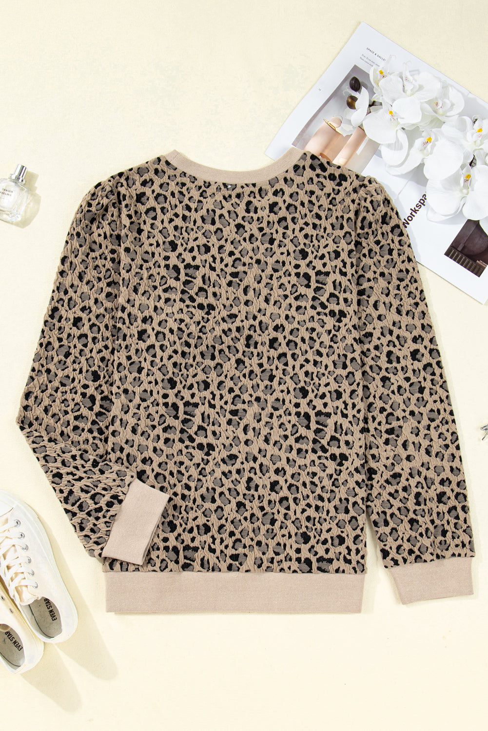 Khaki Leopard Textured Ribbed Trim Plus Size Long-Sleeve Top