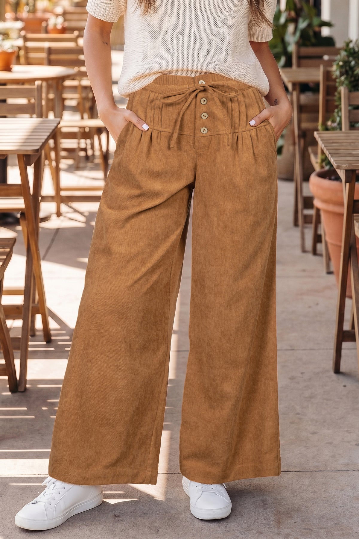 Thai Curry Elastic Waist Wooden Button Placket Ankle Length Wide Pants