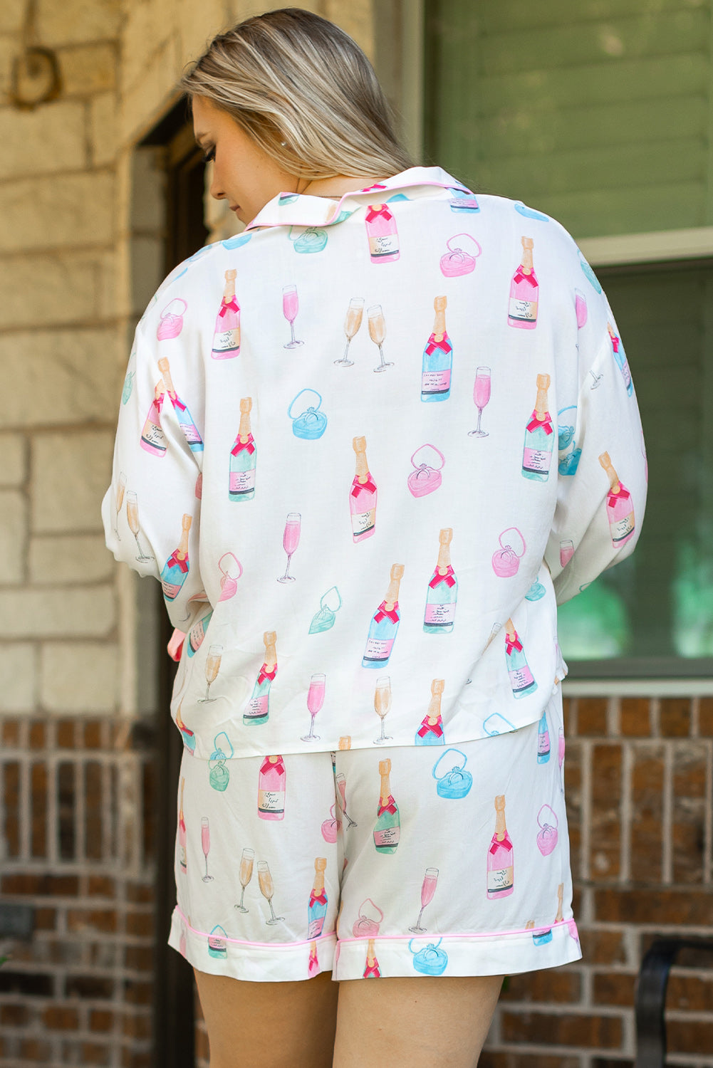White Plus Size Wine Glass Print Bow-Knot Pajama Set