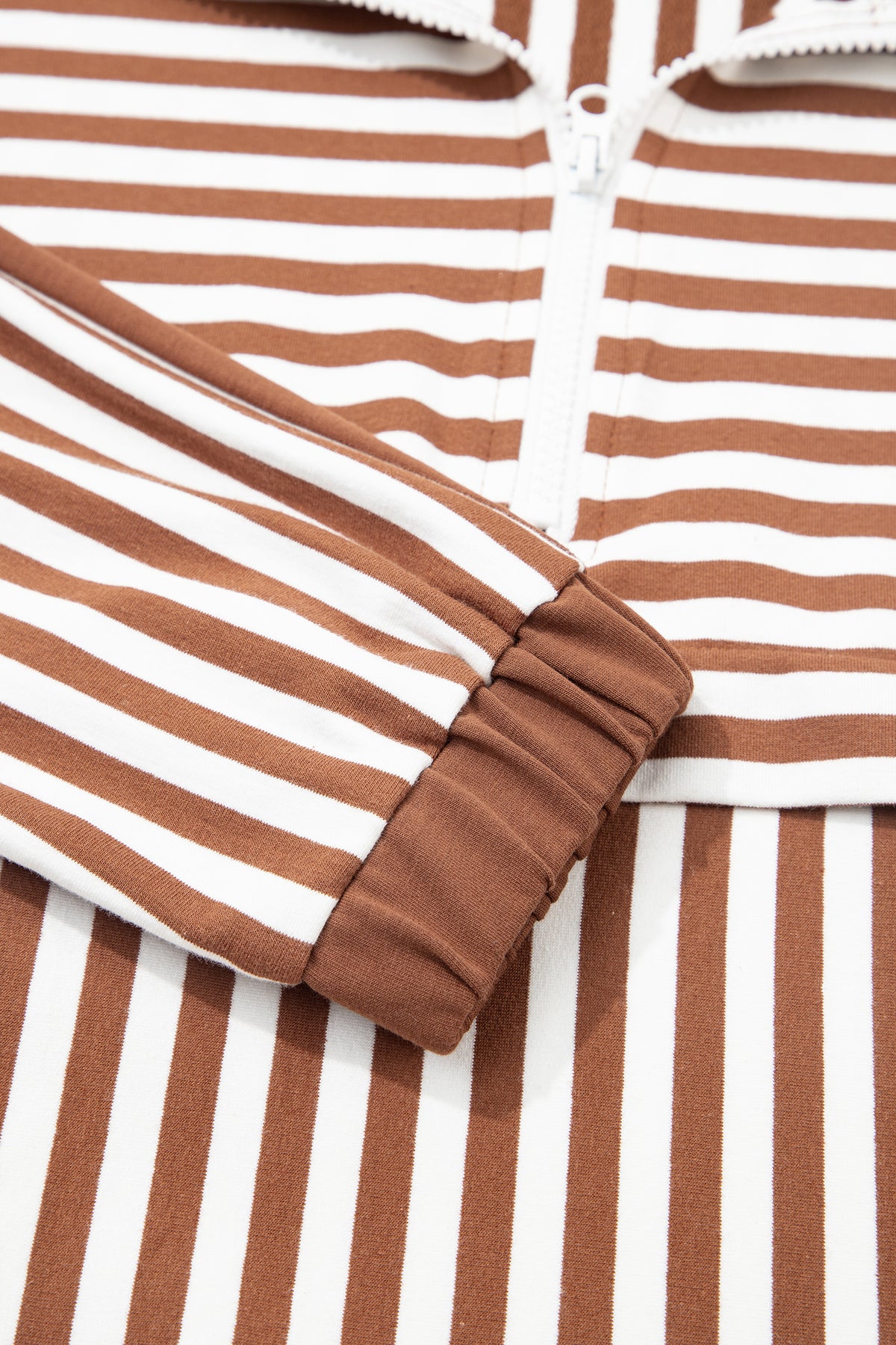 Women's Brown Stripe Color Block Patchwork Quarter Zip Pullover Sporty Shorts Set