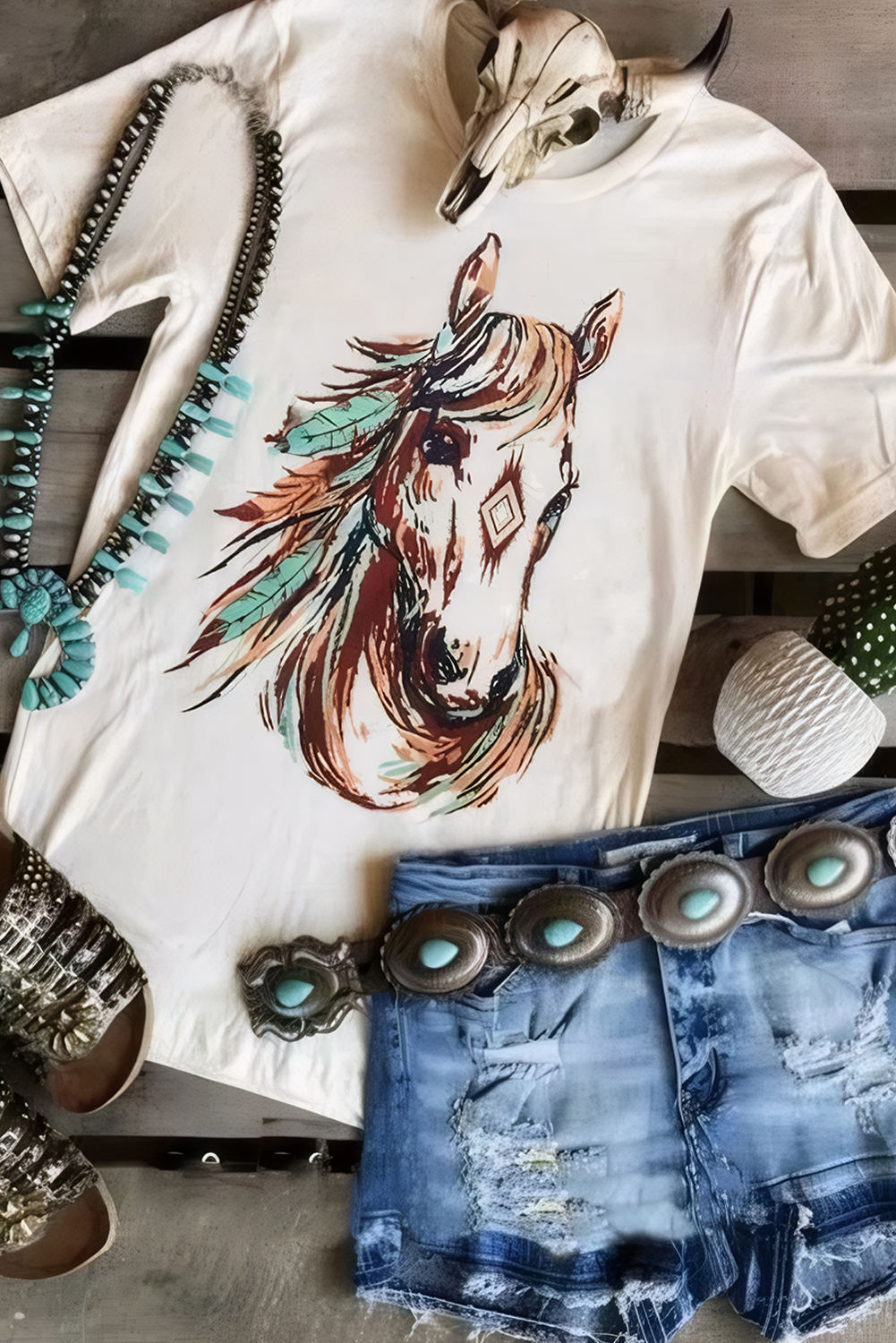 White Western Aztec Horse Graphic Crewneck Tee